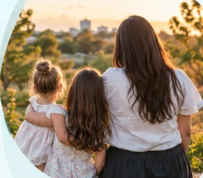 A mother and two children overlooking Sydney at sunset