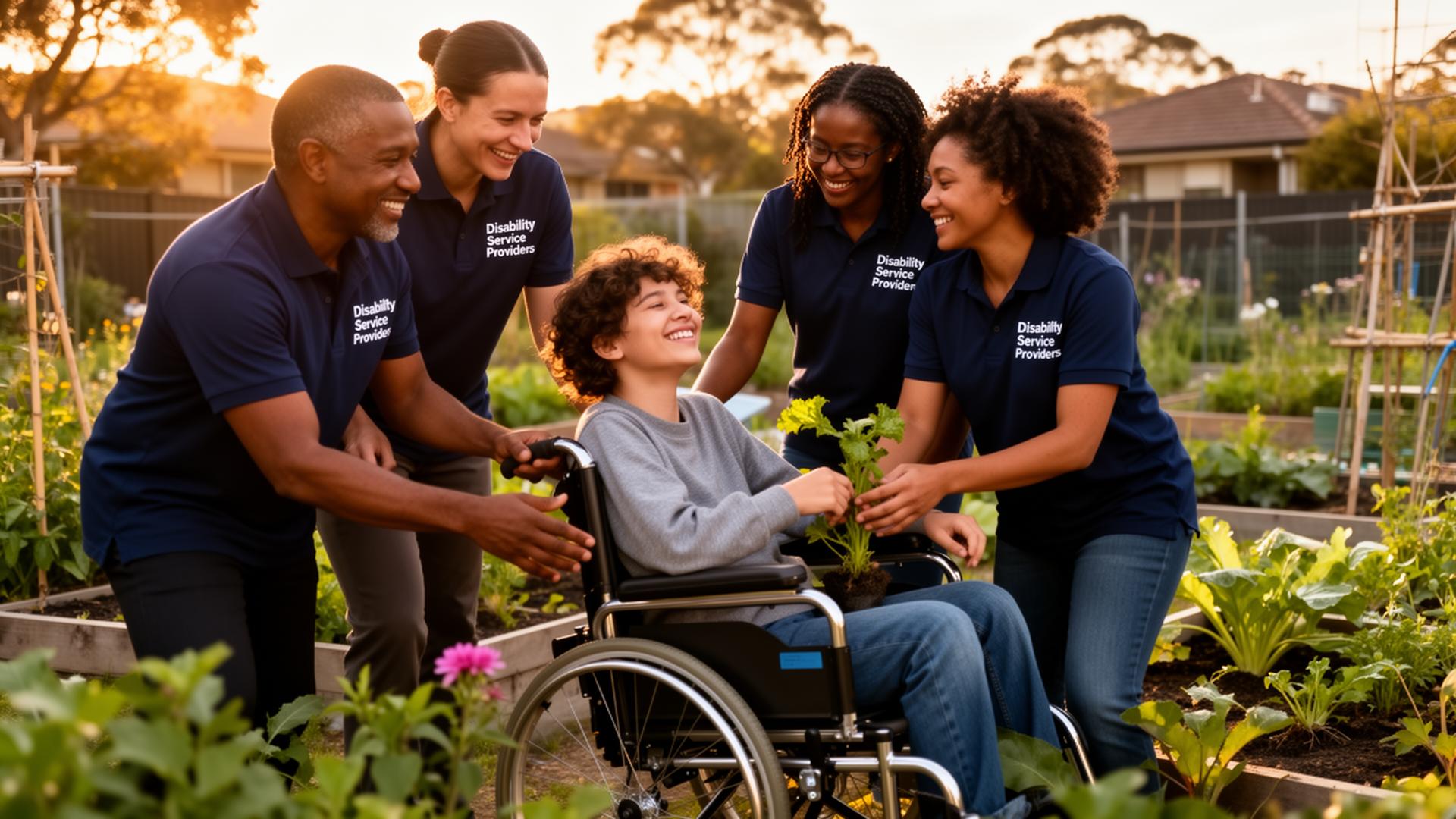 Happy multicultural Disability Service Providers support workers in branded polos helping a young participant in a wheelchair in a Sydney community garden