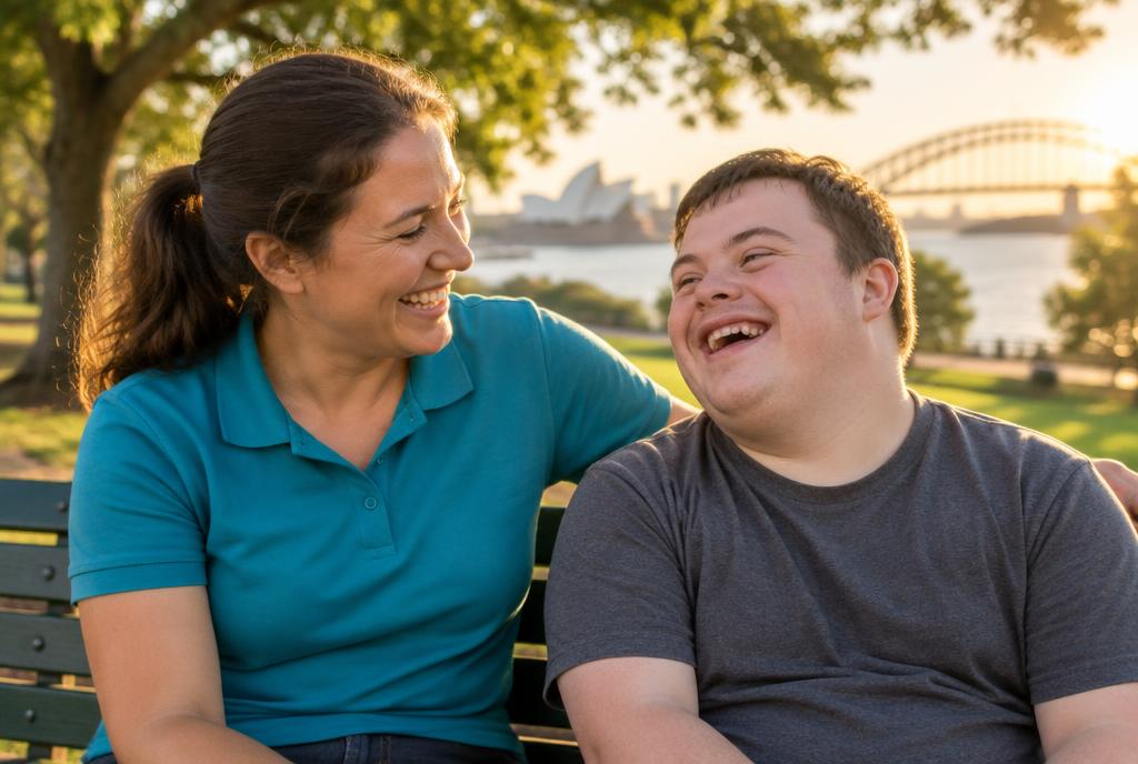 Support worker laughing with a young participant on a park bench in Sydney