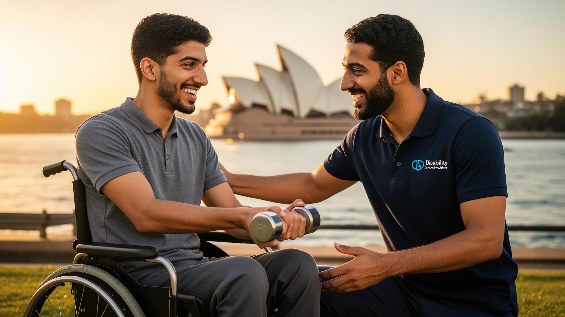Support worker coaching a participant in a wheelchair by Sydney Harbour