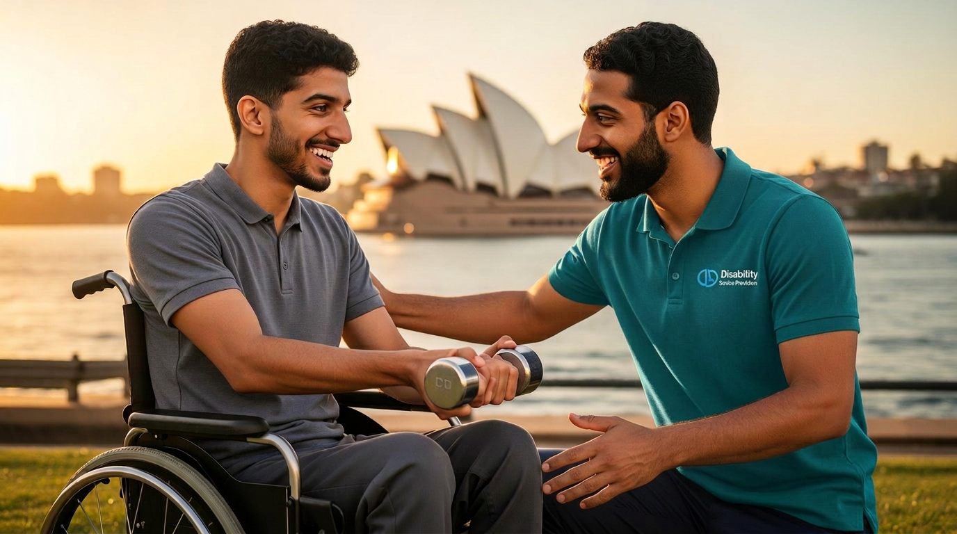 Support worker coaching a participant in a wheelchair by Sydney Harbour