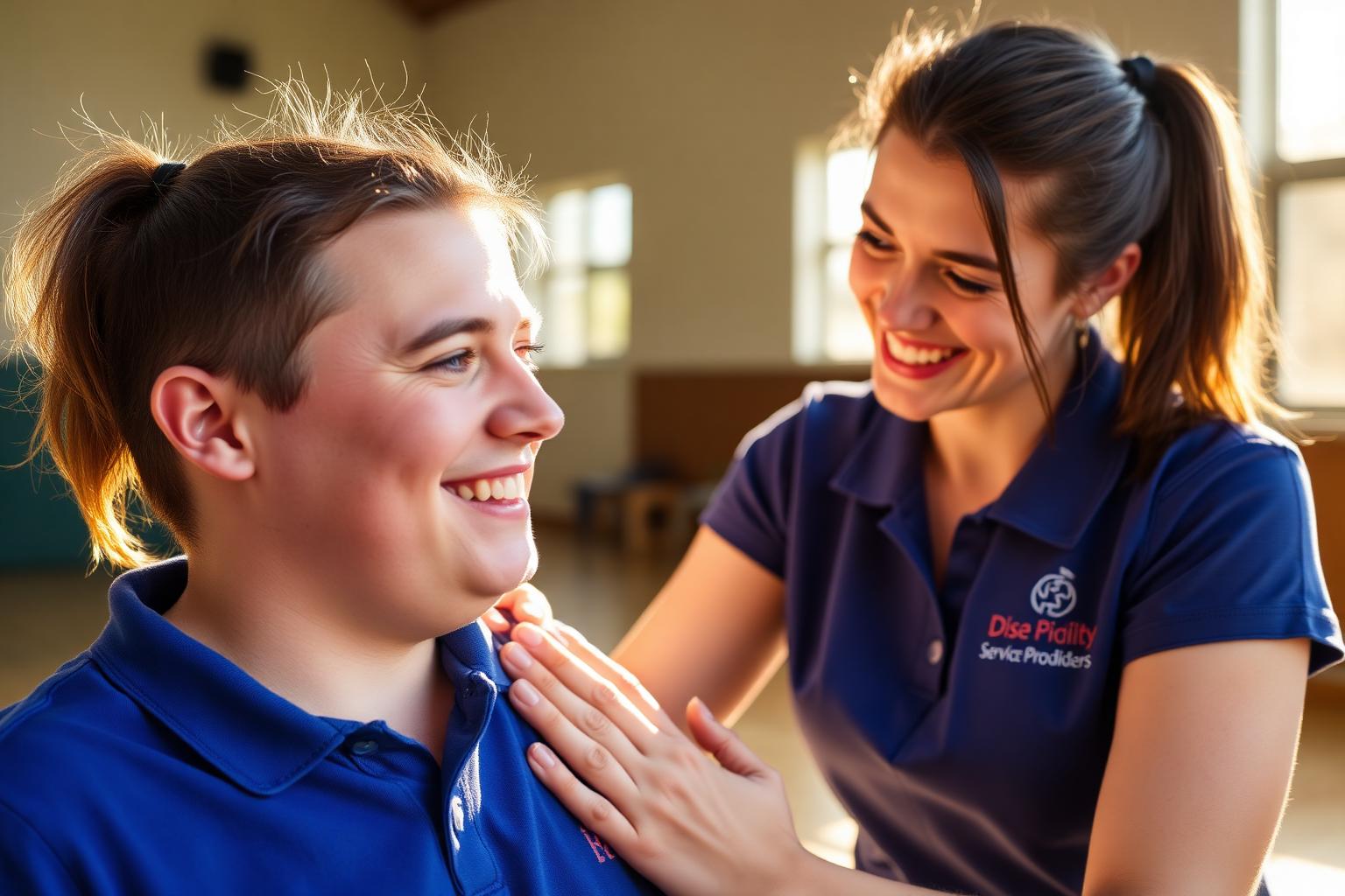 Support worker warmly caring for a young man with Down syndrome in a Sydney community centre