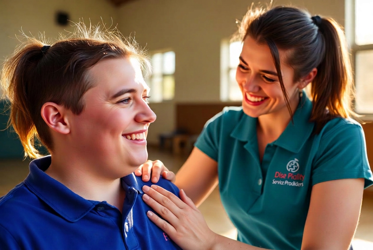 Support worker warmly caring for a young man with Down syndrome in a Sydney community centre
