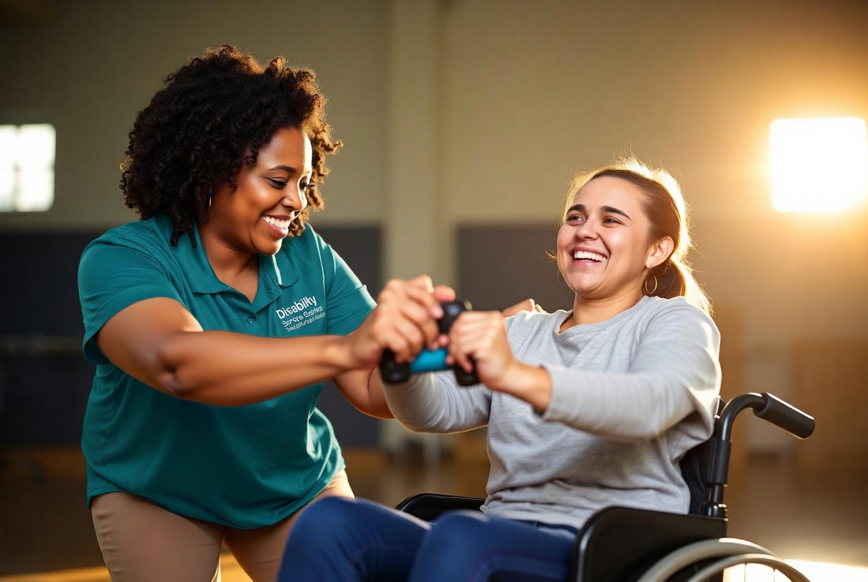 Support worker coaching a young woman in a wheelchair through a dumbbell exercise