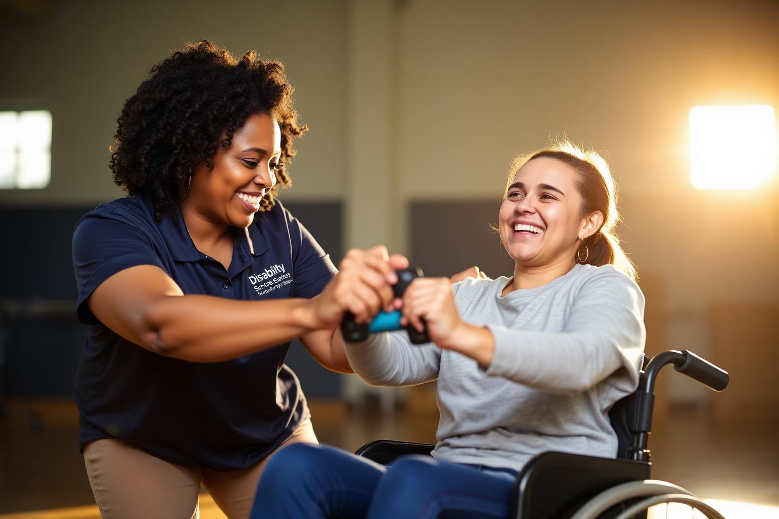Support worker coaching a young woman in a wheelchair through a dumbbell exercise