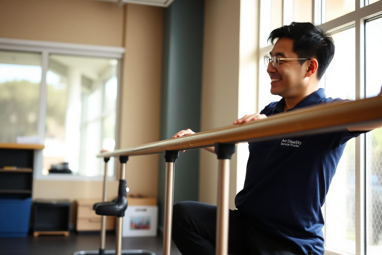 Support worker encouraging a participant with a prosthetic leg during balance training