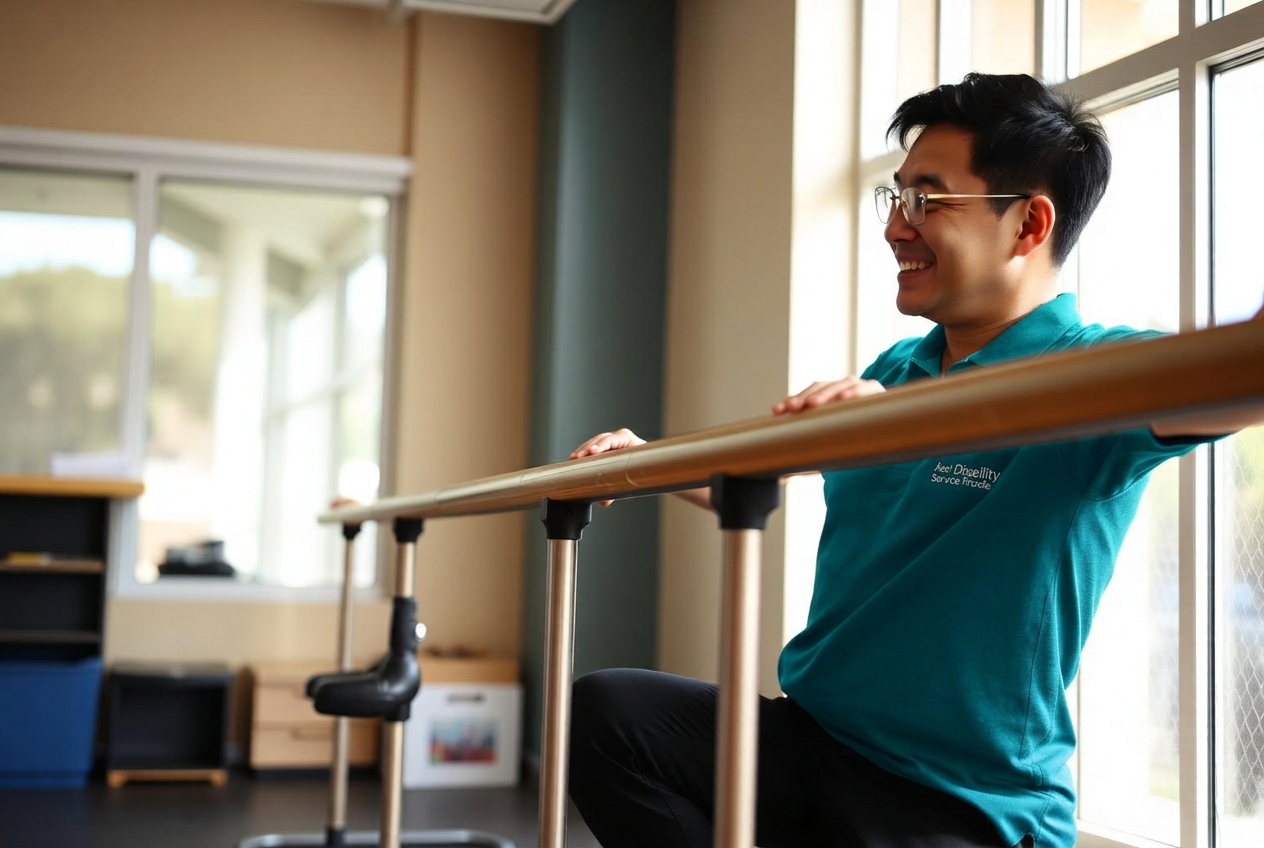 Support worker encouraging a participant with a prosthetic leg during balance training