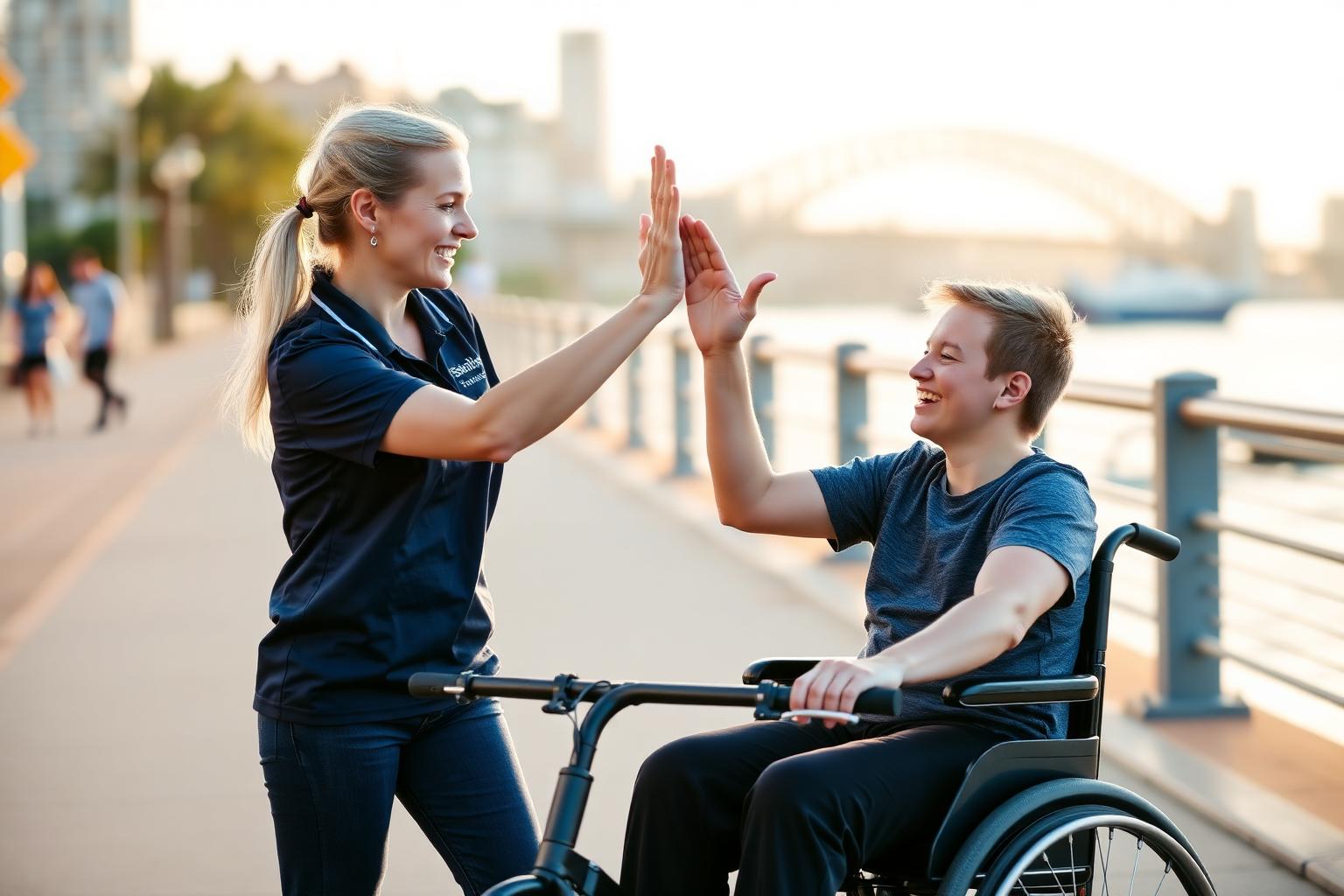 Support worker high-fiving a teenage participant after an adaptive cycling session