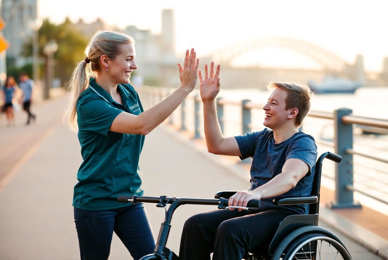 Support worker high-fiving a teenage participant after an adaptive cycling session