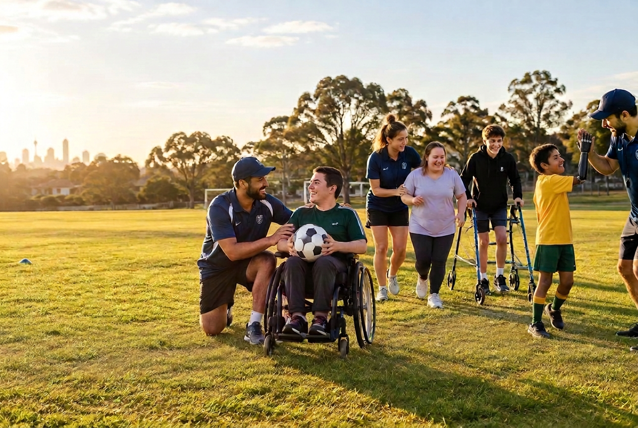 Coaches on a community field working with people of varying abilities and disabilities — wheelchair soccer, walkers and a boy high-fiving a coach with his prosthetic arm at golden hour
